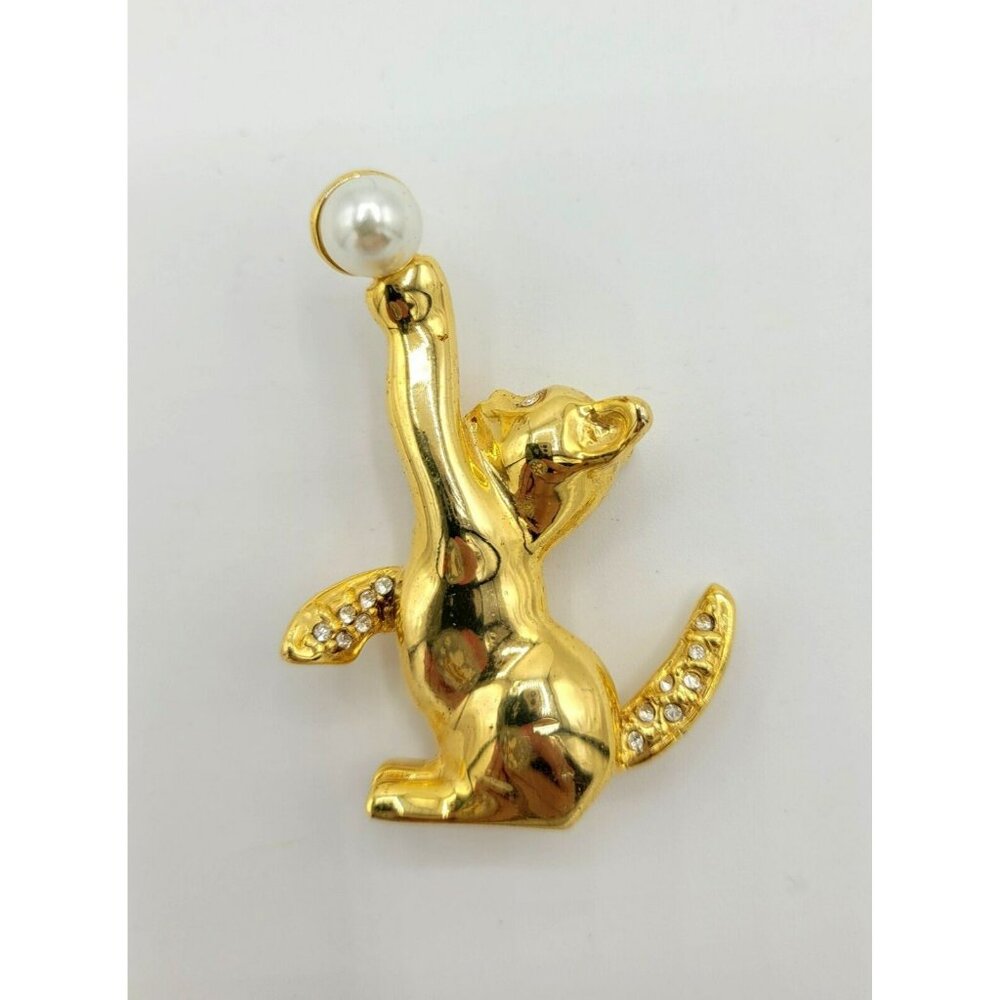 Cat Playing With Faux Pearl Brooch Pin With Rhinestones